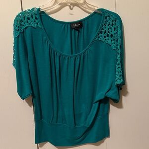 Iz Byer Women's Teal Blouse with Crochet Shoulders